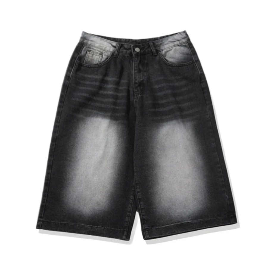 

Mens Cargo Denim Short Streetwear Hip Hop Punk Washed Jeans Short Harajuku Vintage Baggy Black Calf Length Pant Male