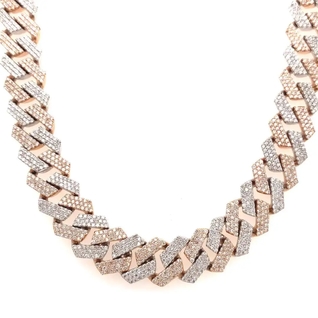 Luxury 10MM Two Tone Rose and White Moissanite Diamond Cuban Chain Necklace for Luxury Fashion Collections.