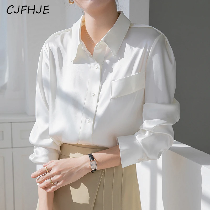 CJFHJE Stylish Spring Fall Satin White Shirt Long Sleeve Temperament Women Office Workwear Commute Tops Blouse Button Up Shirt