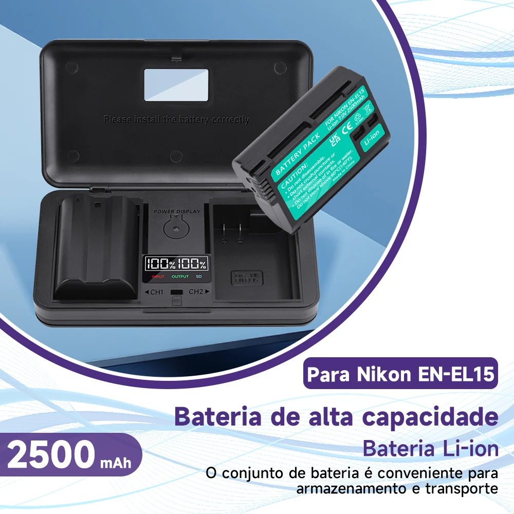 2500mAh EN-EL15C EL15C EN EL15 Bateria + Estojo Carregador de Bateria para Nikon Z5, Z6, Z6 II, Z7, Z7II D780, D850, D7500, D500, D600