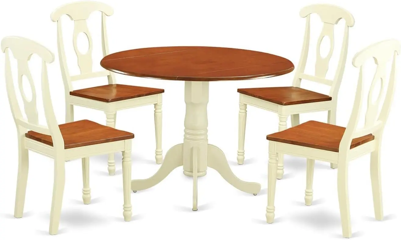 

5 Piece Room Furniture Set Includes a Round Kitchen Table with Dropleaf and 4 Dining Chairs, 42x42 Inch, Buttermilk & Cherry