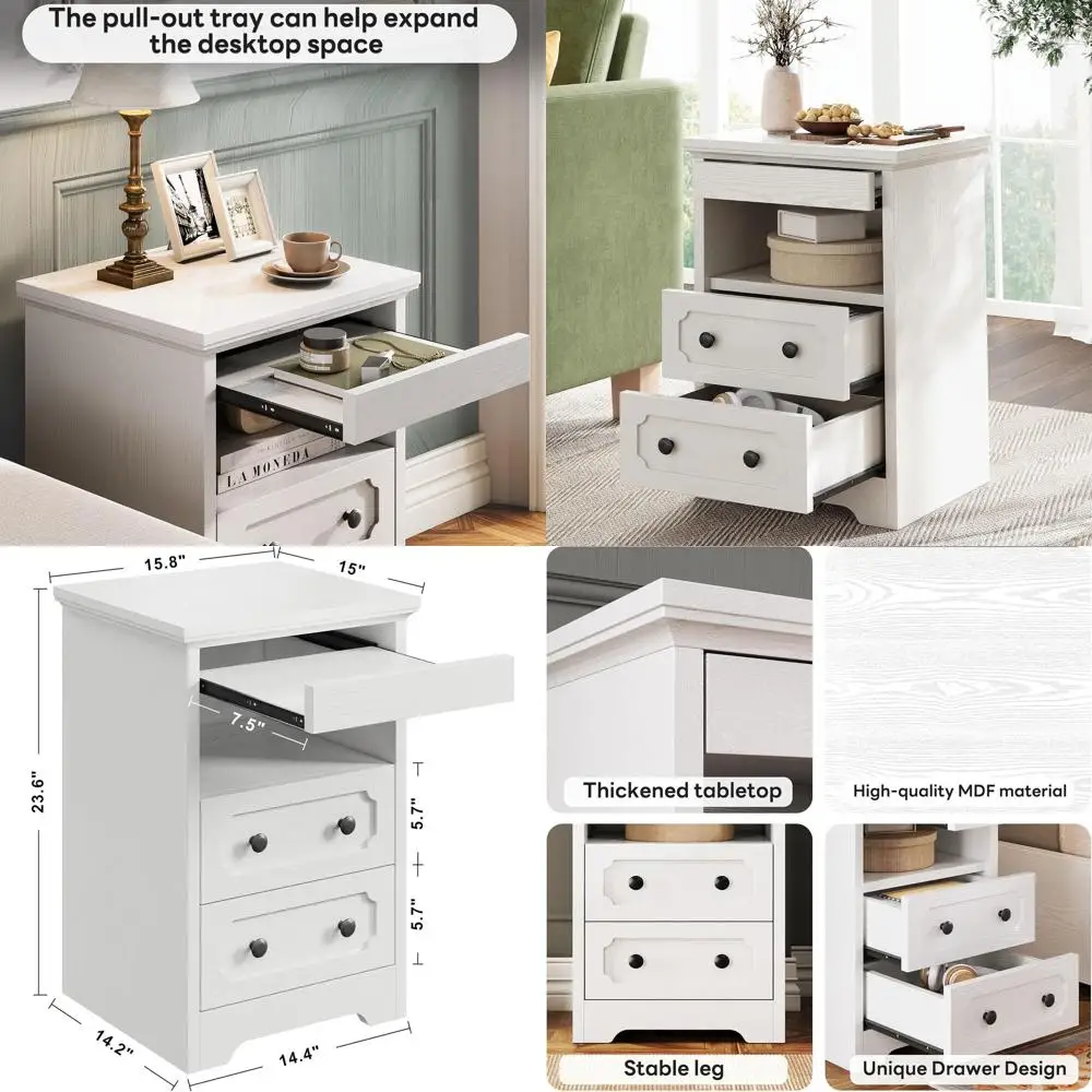 

Contemporary 2-Drawer Nightstand with Pull-Out Tray, Open Shelf, White Wooden Side Table