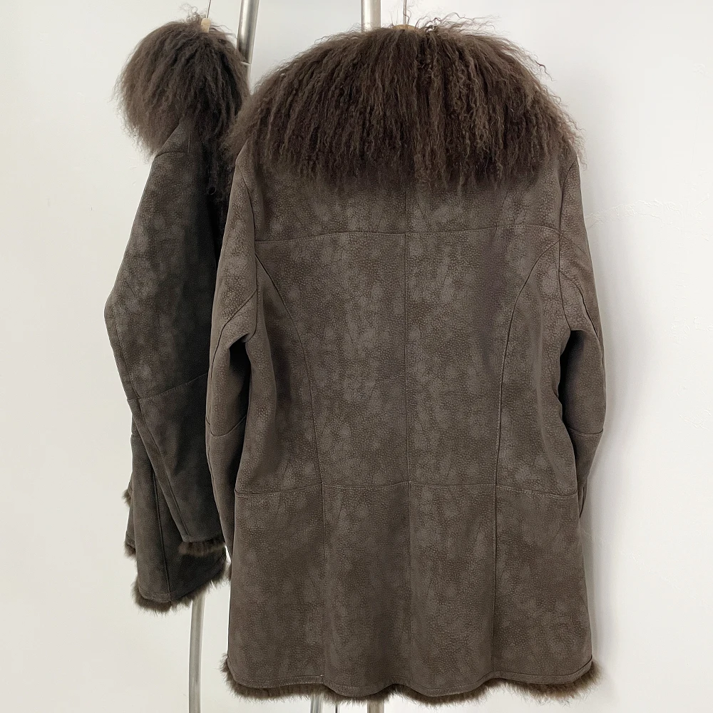 MENINA الخريف الشتاء النساء معطف حقيقي منغوليا الطبيعية الأغنام الفراء بدوره إلى أسفل طوق سترة أنيقة تحمل شعار لعبة البيسبول سميكة الدافئة ملابس خارجية غير رسمية