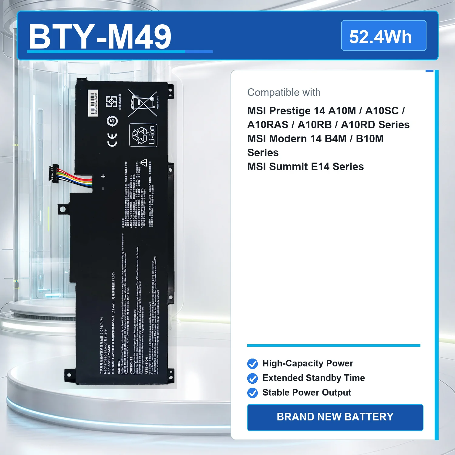 BTY-M49 11.4V 52.4Wh Laptop Battery for MSI Prestige 14 A10M A10SC A10RB A11M Modern 14 B4M B10M Summit E14 3ICP6/71/74