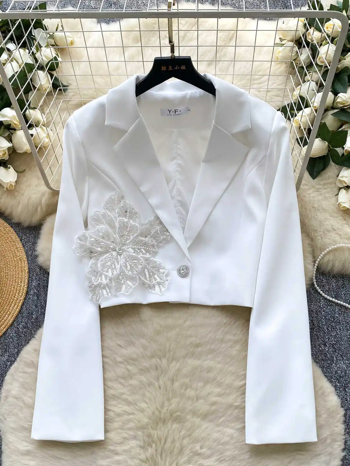 Women White Sequins Fitted Cropped Blazer Jacket Harajuku 2000s Long Sleeve Suit Coat Vintage Outerwear Top Clothes Autumn 2025
