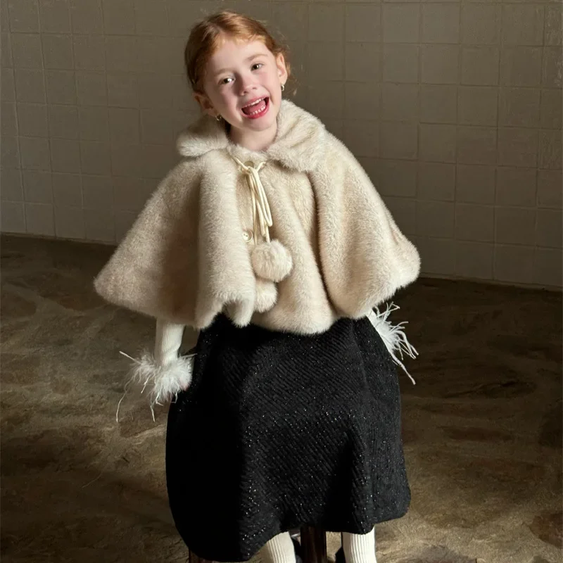 Girls Coat 2024 Winter New Childrens Clothes Girls Baby Foreign Style High-grade Retro Fur Shawl Coat Casual Simple Daily