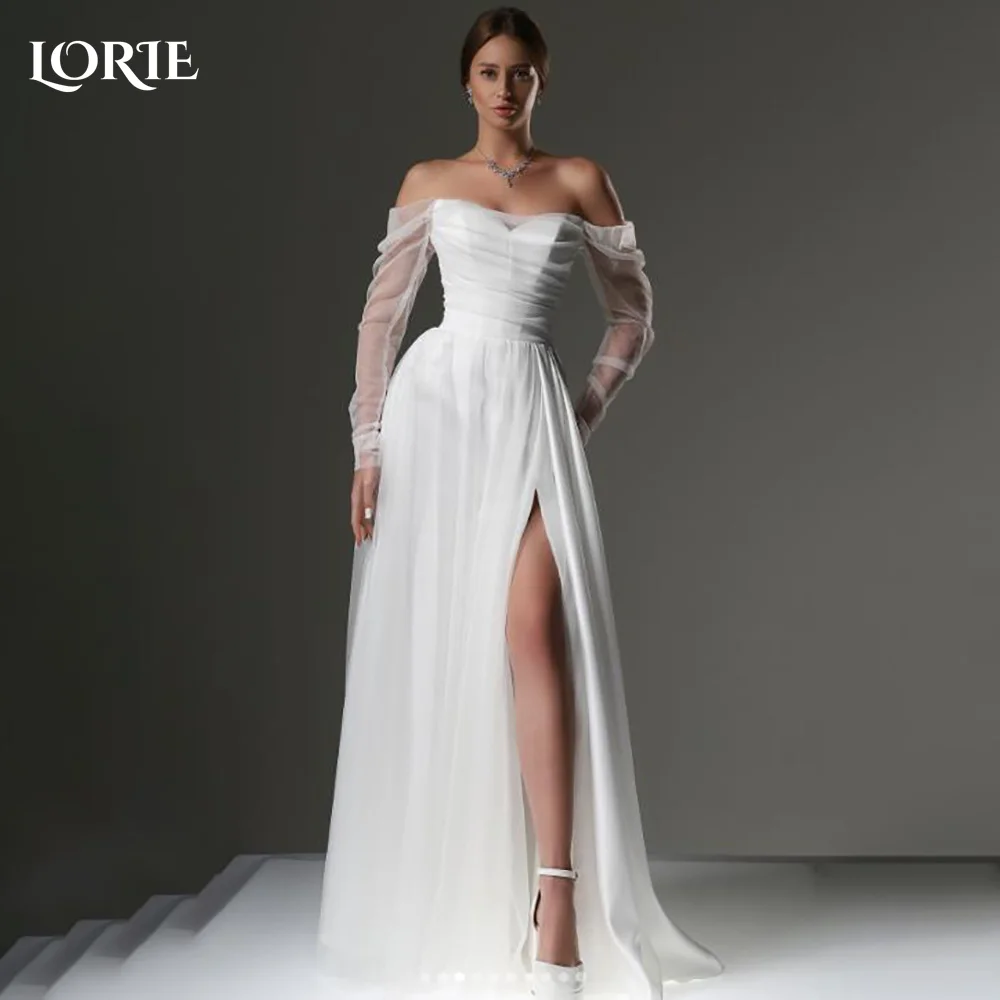 

LORIE Sweetheart Slit Wedding Dress Off Shoulder Long Sleeves Ilusion Bridal Gown Customized A-Line Pleats Bride Bridal Gown