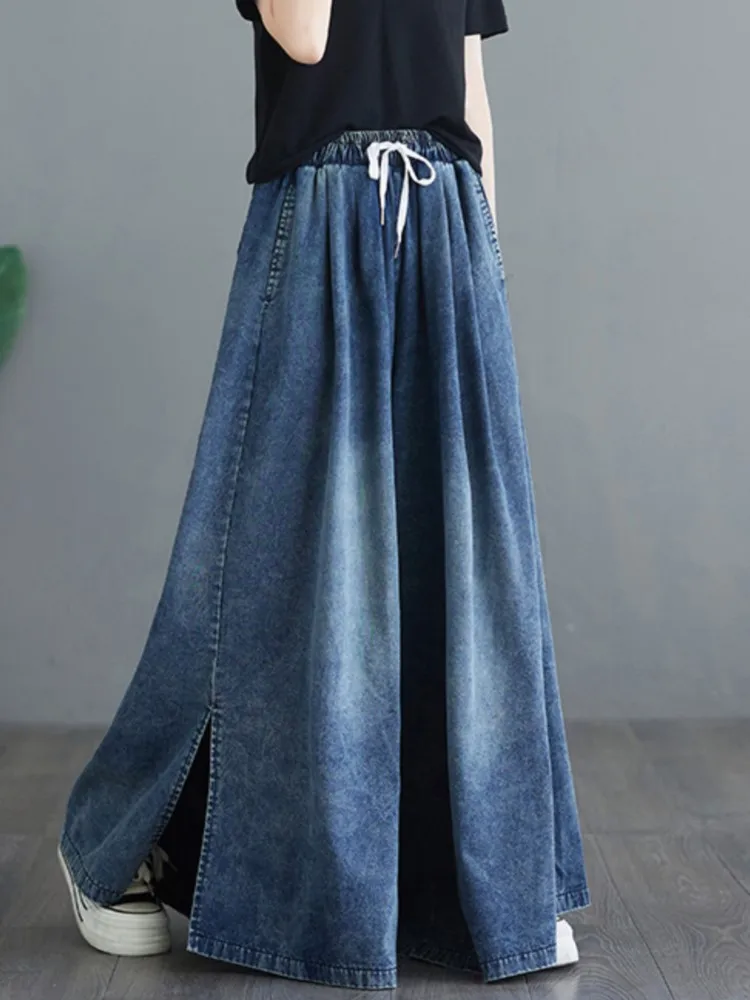 Oversized jeans lente zomer lange wijde pijpen broek vrouwen losse geplooide mode split dames broek elastische hoge taille vrouw broek