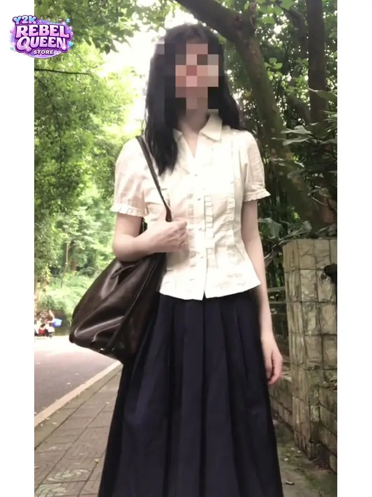 Stylish Japanese Anime Preppy School 2 Piece Set Women Polo Collar Ruffle Short Sleeve Shirt High Waist Pleated Maxi Skirt Slim