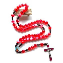 QIGO Weave Rosary Red Acrylic Beads Enamel Jesus Cross Pendant Long Relgious Prayer Jewelry