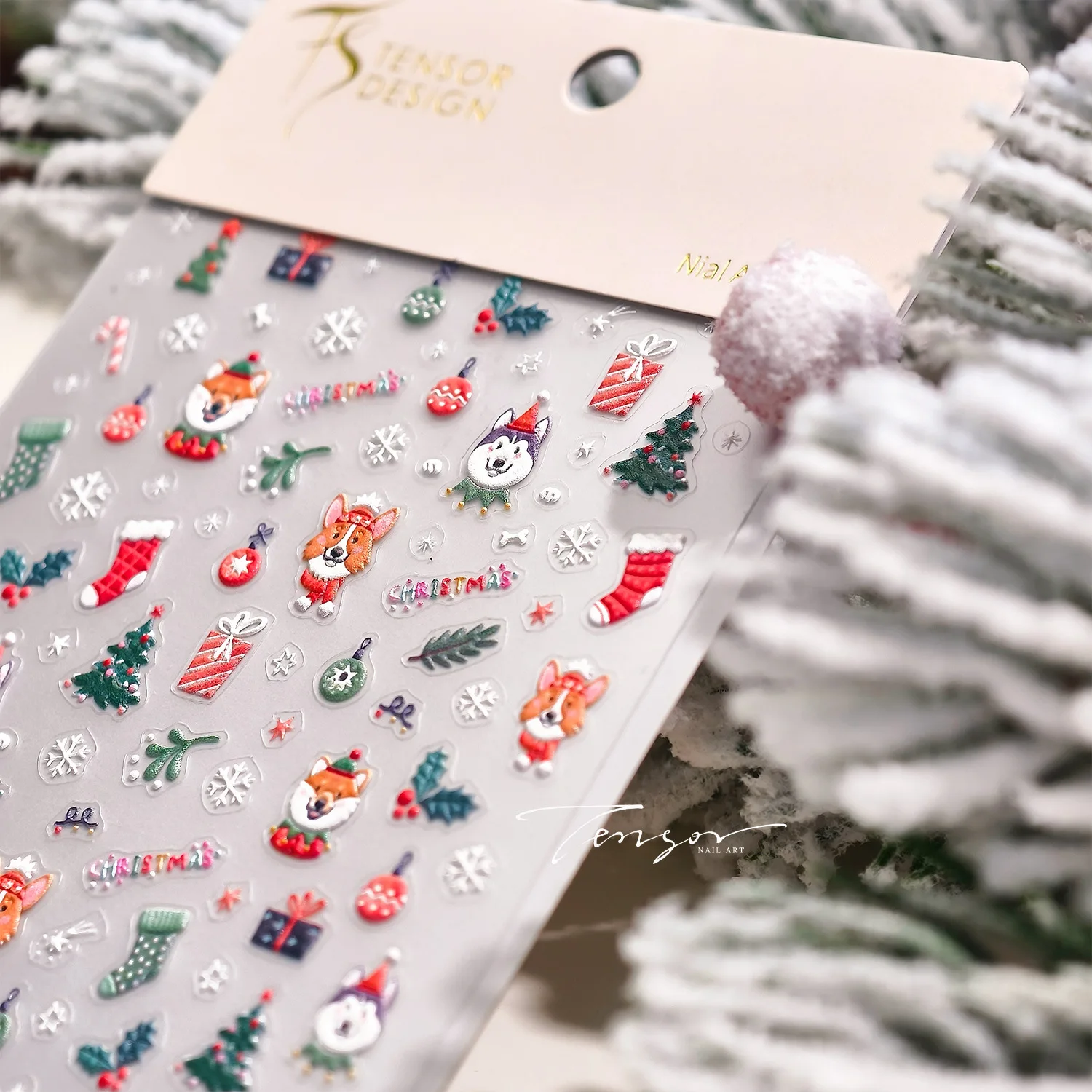 Cartoon Lovely Dog Husky Corgi Albero di Natale Palla Regalo Calza Fiocco di neve 5D Adesivi per nail art in rilievo Decalcomanie per manicure di Natale