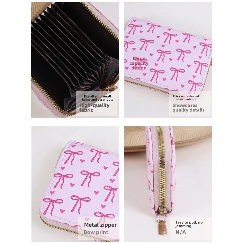 かわいいリボン付きカードホルダー PUレザー ジッパー付きミニコインパース 携帯用マルチスロットトラベルウォレット