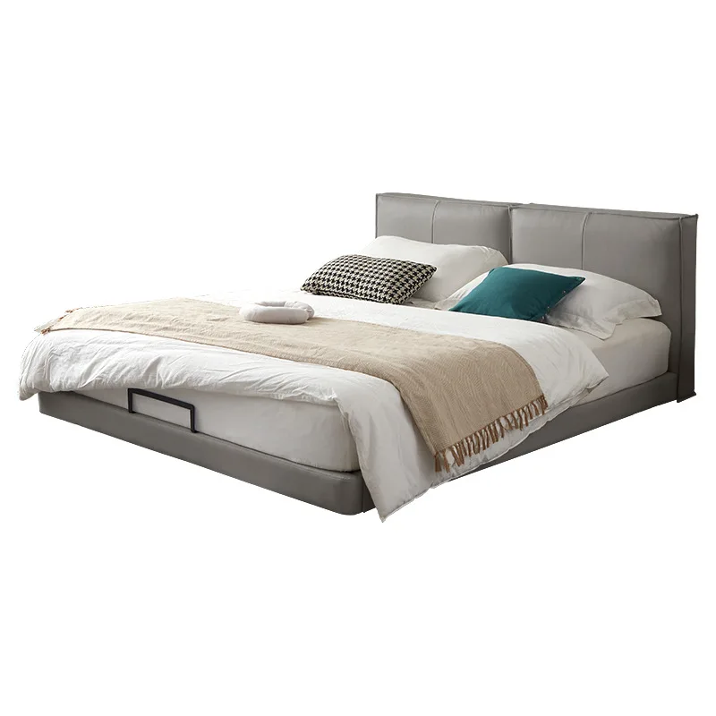 

Suspended bed, leather, tofu cubes, Italian, minimalist, double bed, light luxury, modern