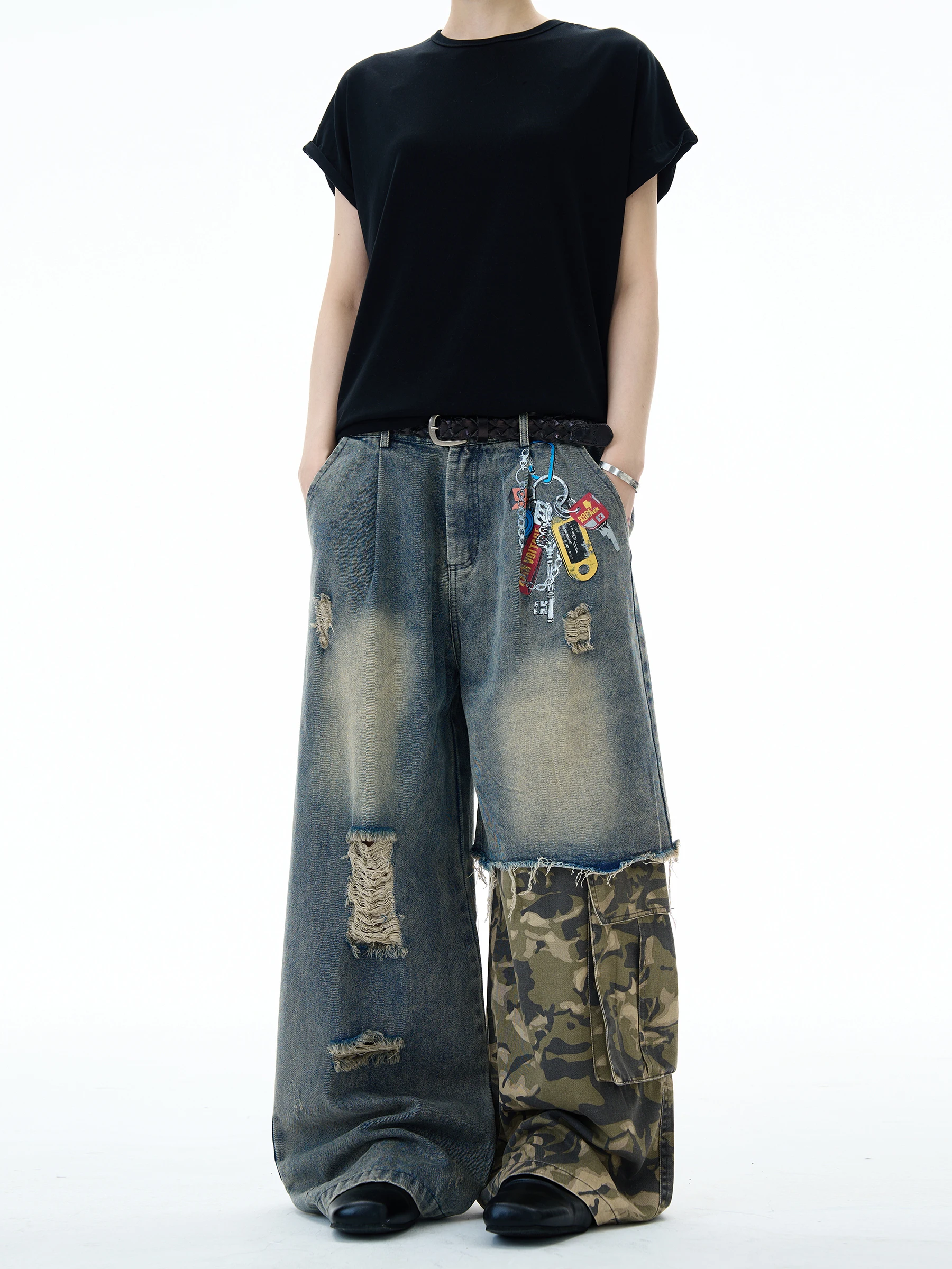 

Камуфляжная рабочая одежда MADWITCH, лоскутные джинсы, мужские винтажные дизайнерские джинсы с принтом, повседневные свободные брюки в американском стиле