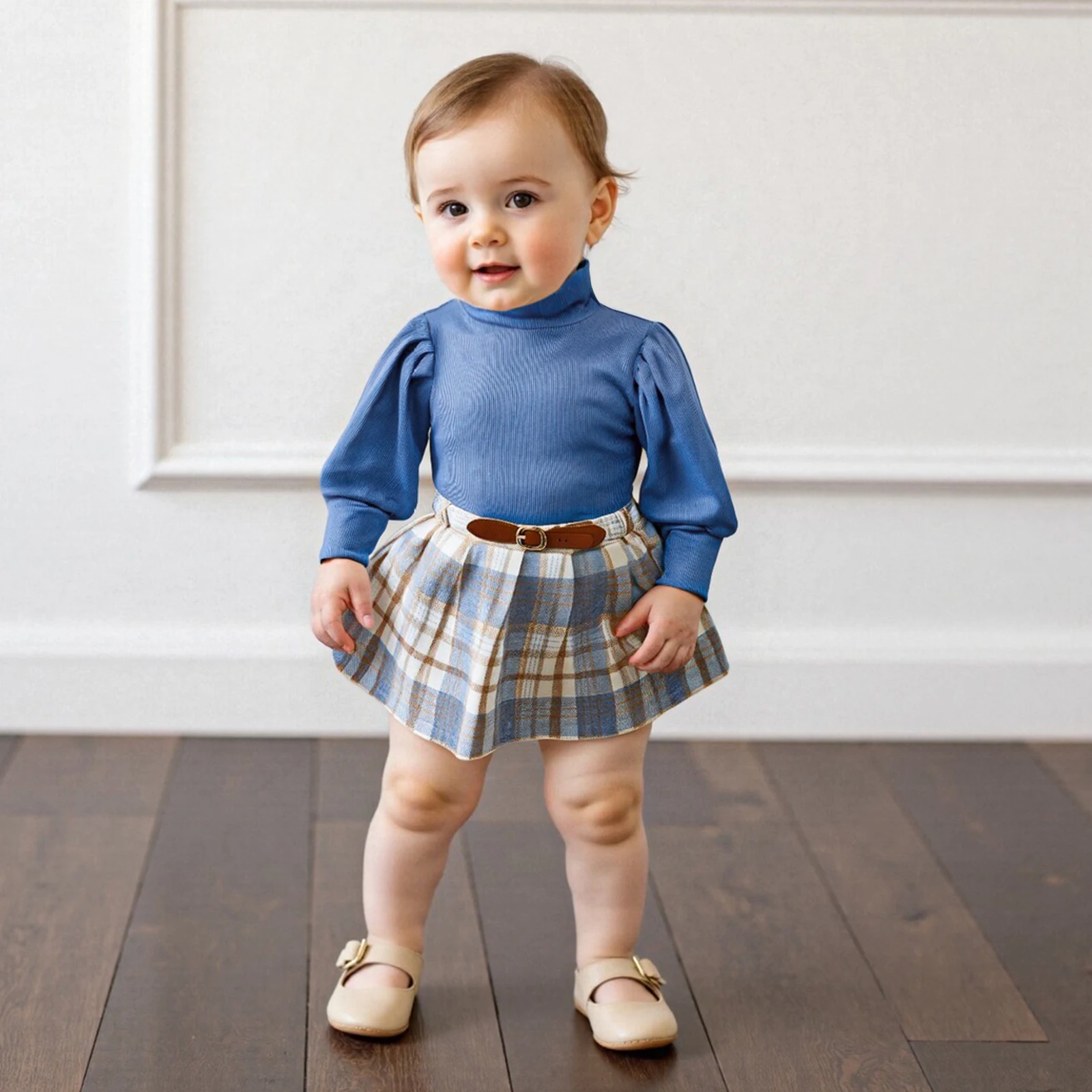 أطقم ملابس خريفية عصرية للفتيات الصغيرات من FOCUSNORM 0-4Y قطع علوية بأكمام طويلة ورقبة سلحفاة متينة وتنانير منقوشة على شكل حرف a #2