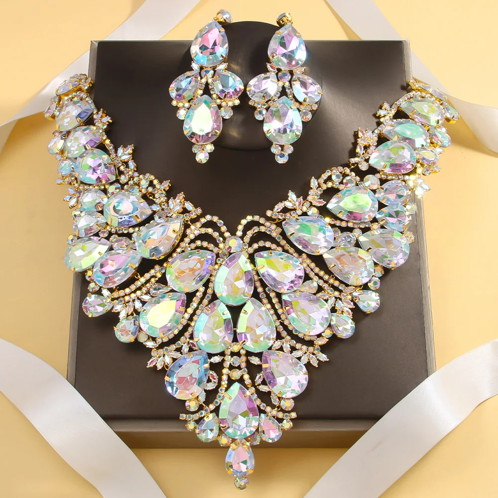 Stonefans Rhinestone Drop Necklace Earrings Set for Women Party Accessories Large Exaggerated Drag Queen Jewelry Set Luxury 2024