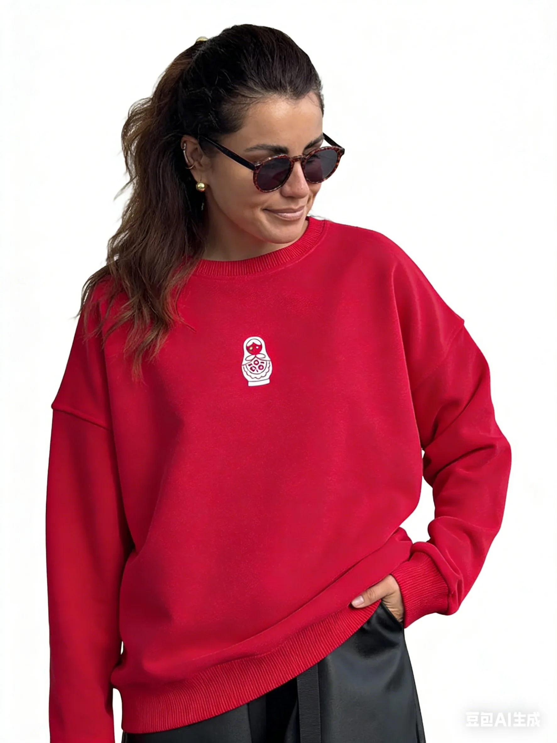 Chic Cute Russian Doll Printed Red Sweatshirt Hoodie Sweet Russian Girls Loose Vintage Streetwear Large Size Women Autumn Tops