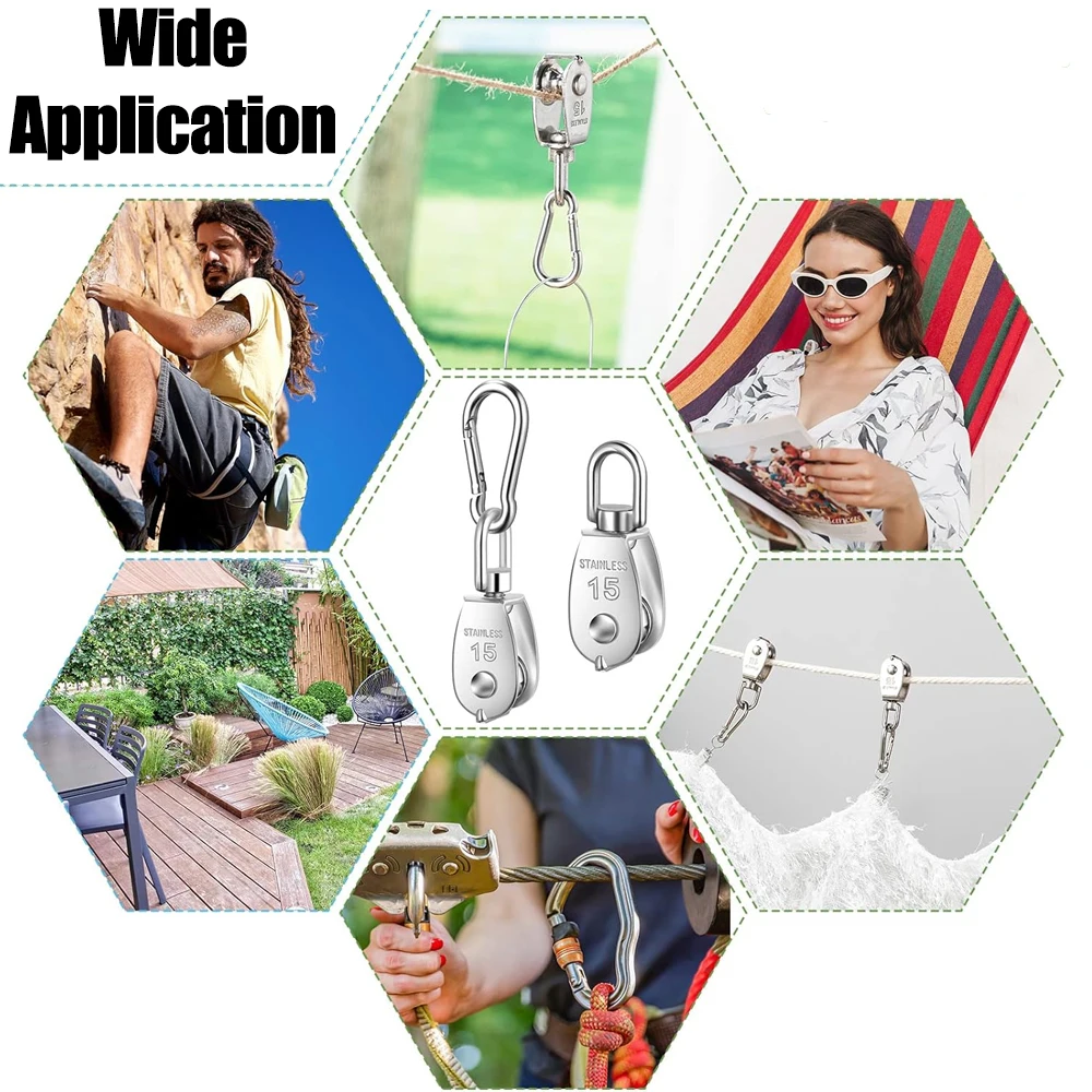 M15 304 Stainless Steel Pulley Lifting Rope Pulley Set Lifting Wheel Tool with M5 Spring Buckle for Hanging Wire Traction Wheel