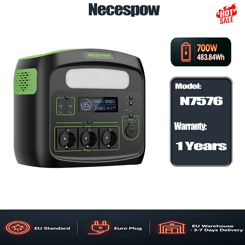 Necespow N7576 Stazione di Alimentazione Portatile 700W 483.84Wh, Batteria LiFePO4 4000+ Cicli, 10 Porte di Uscita, 3 Modalità di Ricarica AC/Solare/Auto, Generatore Solare Leggero 9kg, Alimentazione