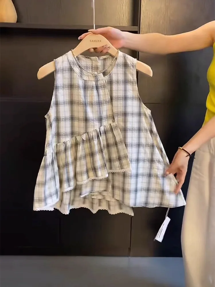 Été mince Plaid irt femmes Svel rond Ne gilet haut Faionable Agel coréen Sle trajet vent coupe ample ort...