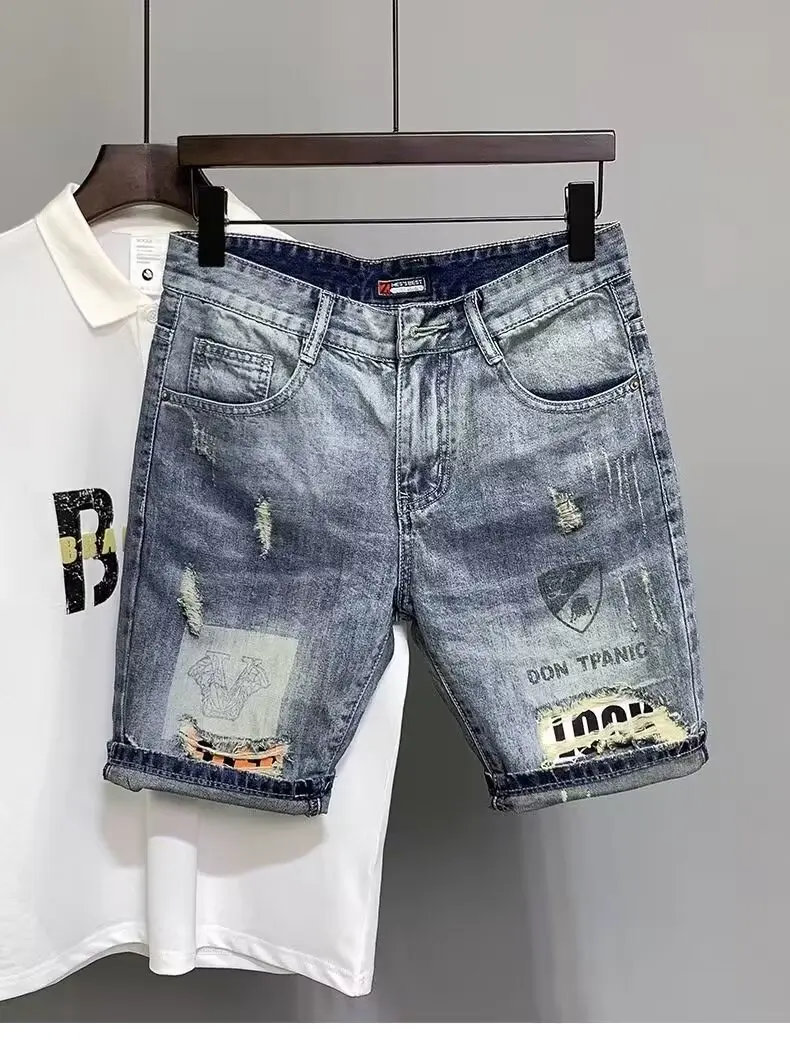 Shorts jeans rasgados masculinos com buracos, jeans masculinos, calças justas, design angustiado, estilo coreano, elegante, verão