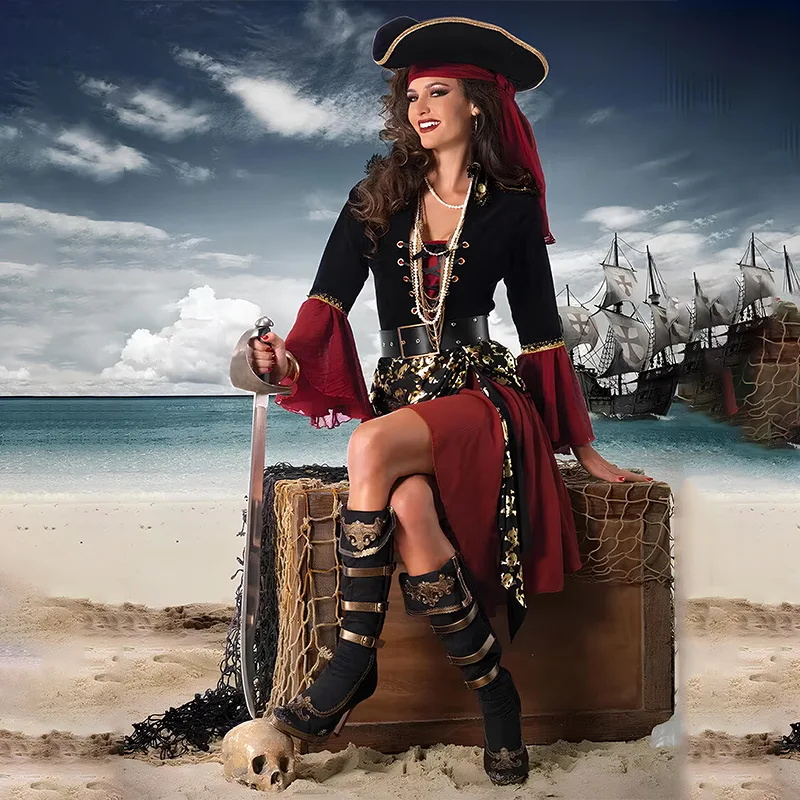 Disfraz de pirata rojo para mujer, capitán pirata, vestido Steampunk para mujer adulta, mascarada de Halloween, vestido de pirata con cinturón para sombrero