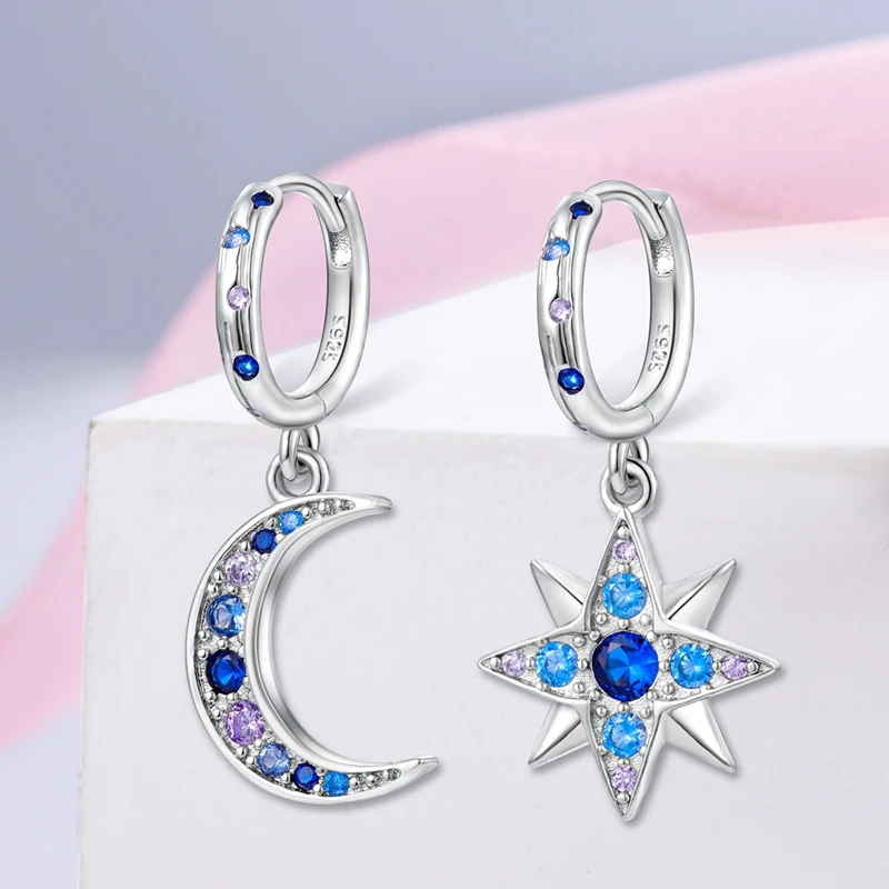 925 Sterling Silver Blue Star Moon Starry Sky Series Drop Earrings For Woman Fashion Party Fine Gift Elegant Jewelry Accessories