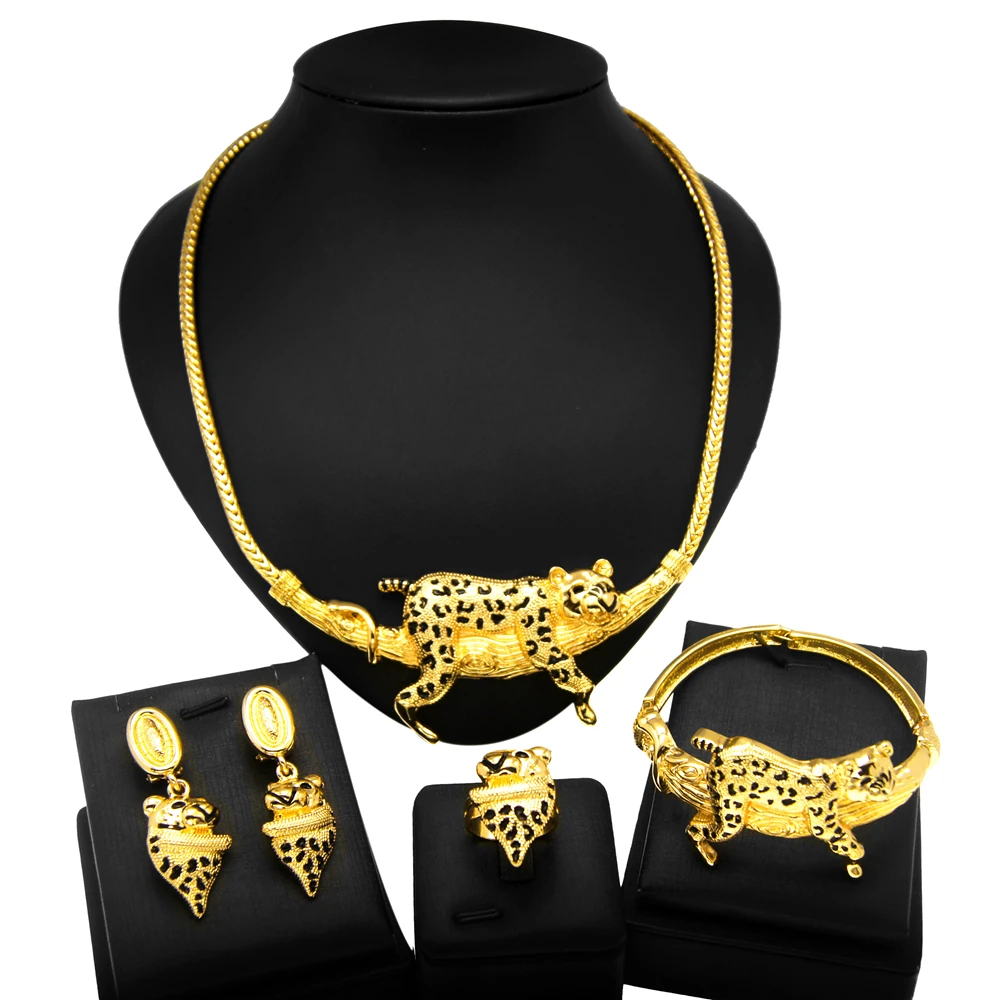 Dubai Damen-Schmuckset: Halskette, Ring, Armbänder und Kopfringe mit Leopardenmuster im Tierdesign