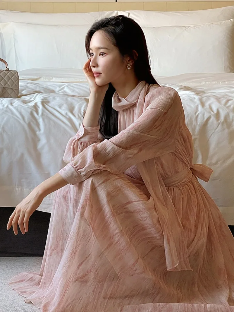 Korean Lac-up Tunic Vestidos Mujer Broken Flower Dress Long Sleeve Vestido Elegant 2025 Woman Dresses Spring Autumn Robes