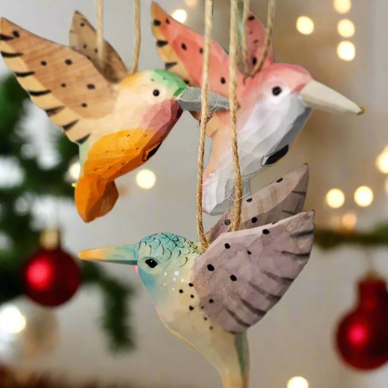 Hand‑Carved Wooden Hummingbird with Ring Bell Hanging Bird Ornament Hand‑Painted Home Party Tree Decoration Gift for Mom