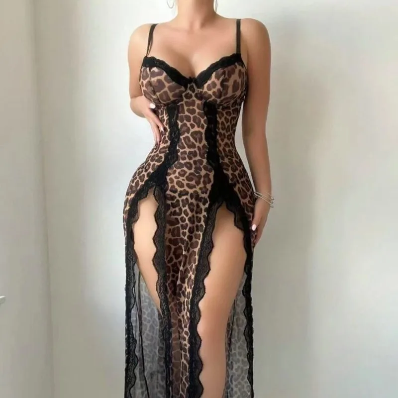 

Sexy Adult Lingerie Women V-Neck Nightdress See Through High Split Pajama Dress Leopard Print Sleepwear Lace Exotic Babydolls