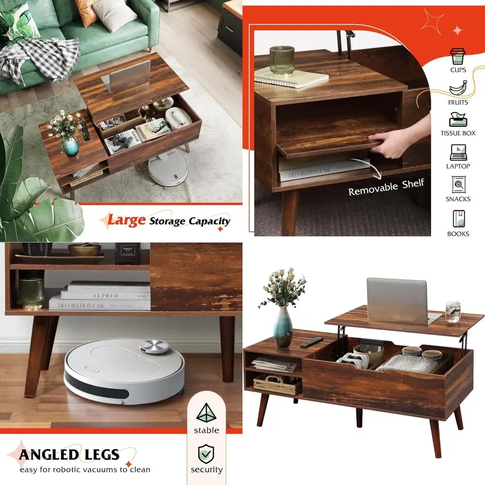 Adjustable Shelf 47 Lift Top Coffee Table with Hidden Compartment, Rustic Oak Dining Option for Living Room