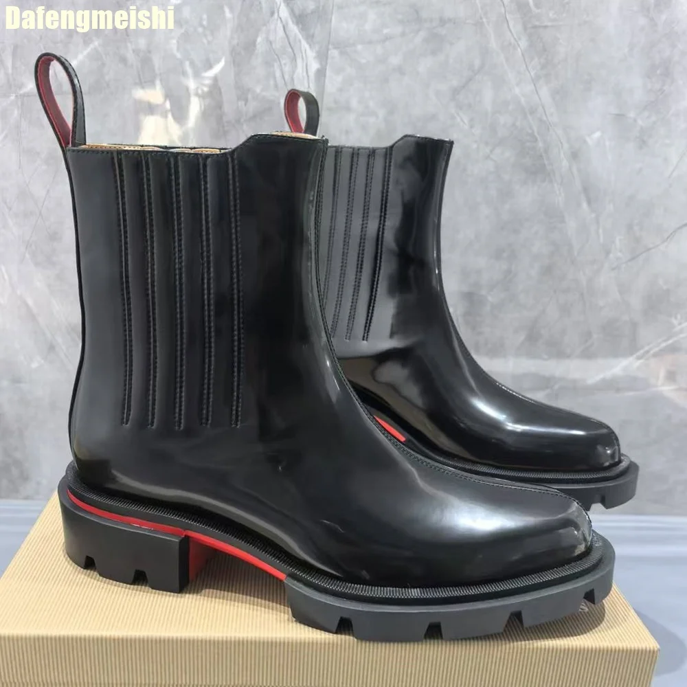 

2025 New Genuine Leather Mid-Calf Boots Slip On Round Toe Fashion Platform Chunky Heel Black Casual Comfort Men/women Shoes