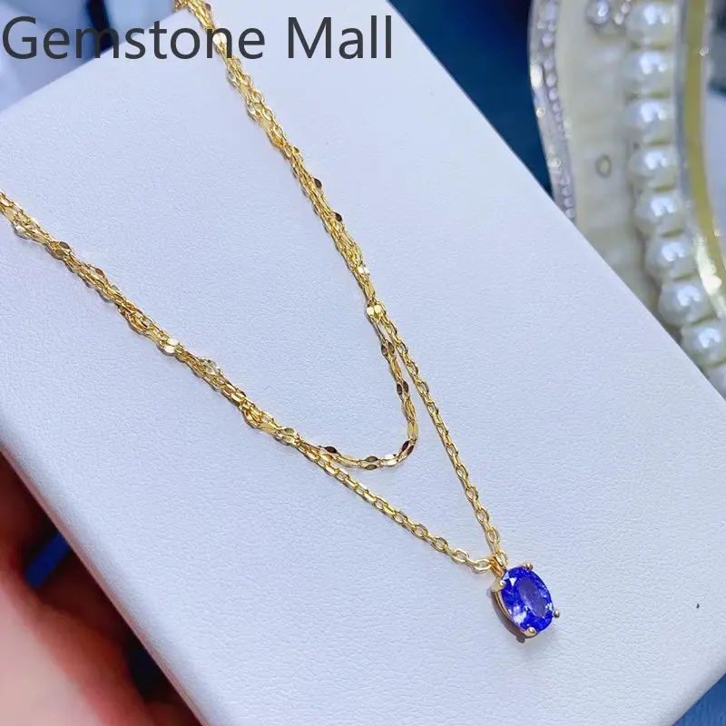 

Simple 925 Silver Gemstone Necklace for Office Woman 0.7ct 5mm*7mm VVS Natural Tanzanite Necklace 18K Gold Tanzanite Necklace