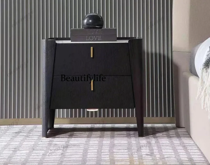 Italian light luxury solid wood bedside table, bedroom bedside table, metal locker, marble surface