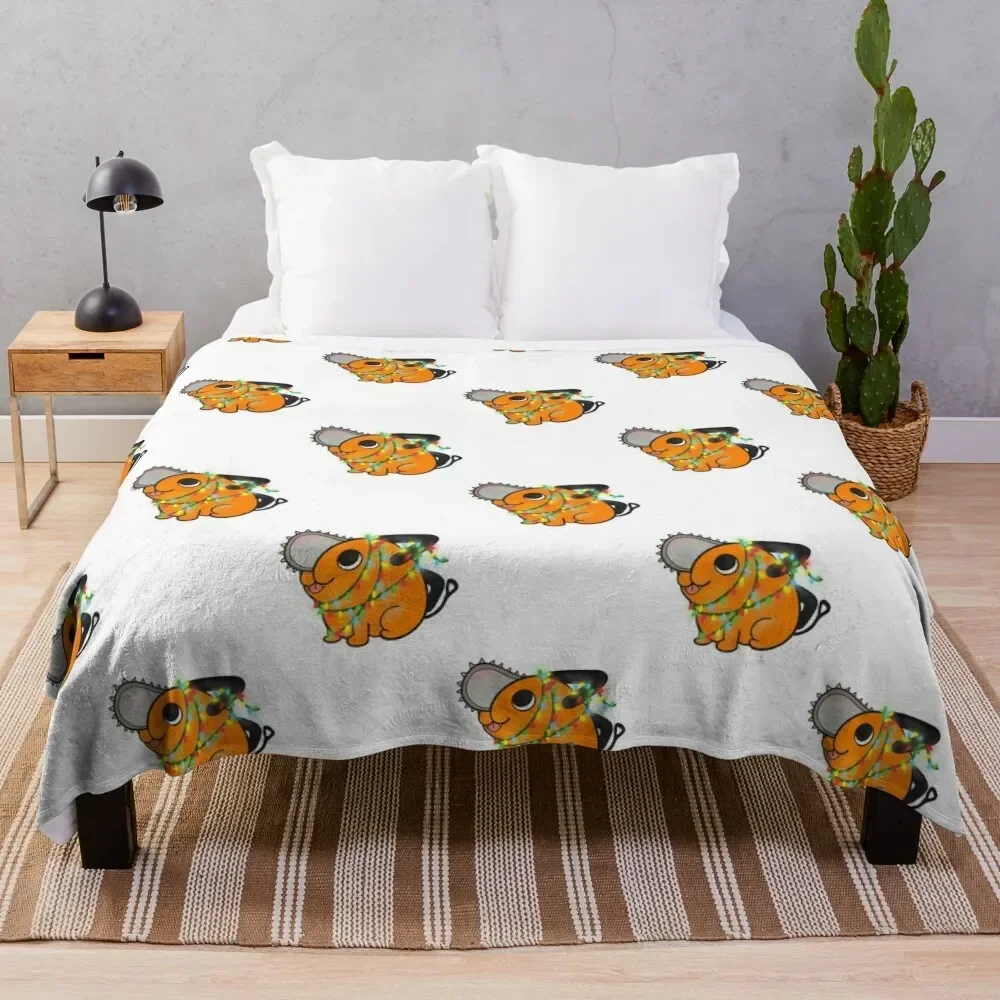 Cute Pochita with christmaslights Throw Blanket Retros Nap Warm manga Blankets blankets for beds  throw blanket