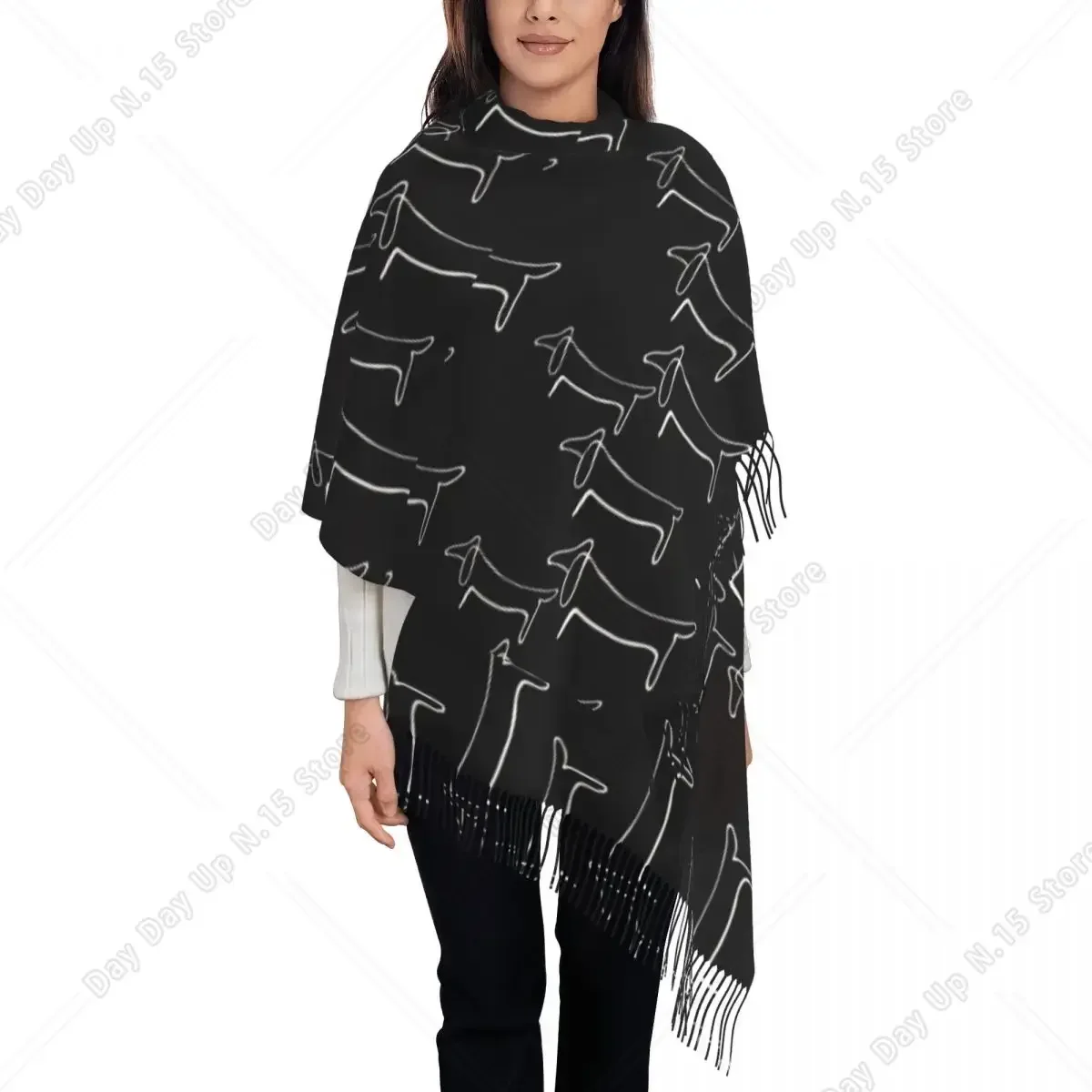 Line Art Wild Wiener Dog Dachshund Pattern Scarves Winter Soft Warm Tassel Shawl Wraps Badger Dog Scarf