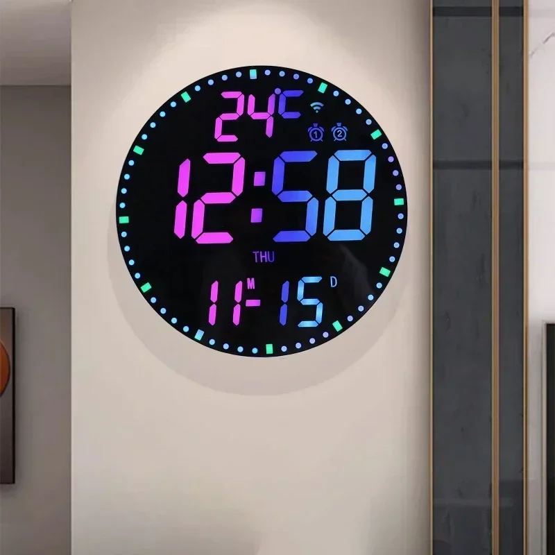 Smart Wifi Colorful LED Large Digital Wall Clock Temperature Date Week Display Dual Alarms Digital Clock 12/24h HomeDecor Remote