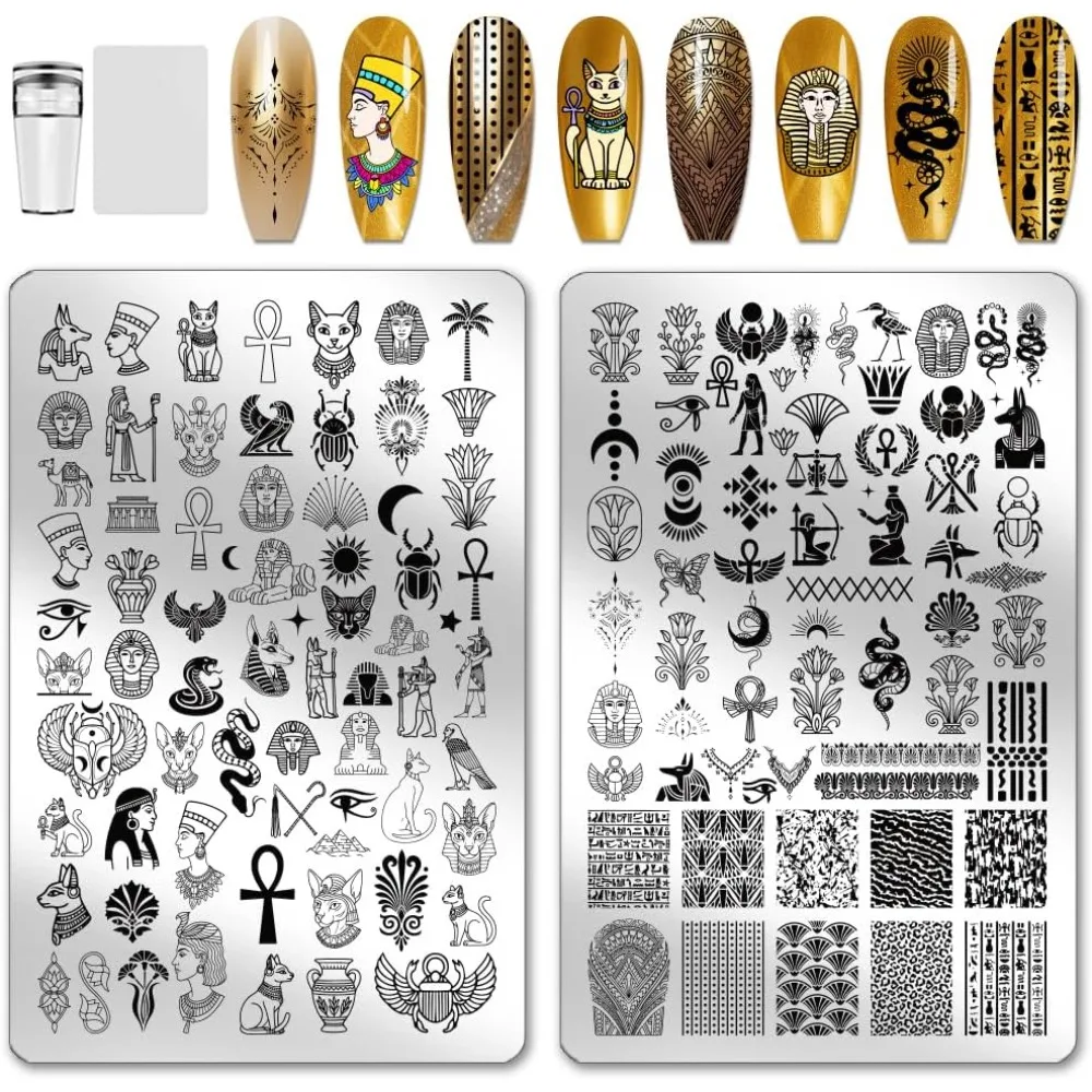 2pcs Egyptian Elements Nail Stamping Plates Cats Snakes Nails Art Stencils Pharaoh Manicure Art Templates Mysterious Styl