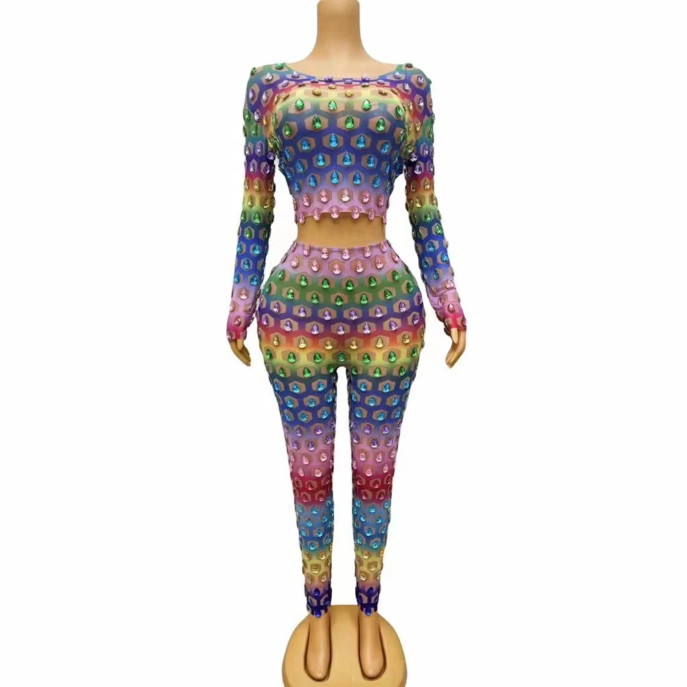 

Костюм женский из топа и брюк, пикантный яркий блестящий прозрачный топ и леггинсы для танцев и представлений, костюм для празднования дня рождения, 2 шт.