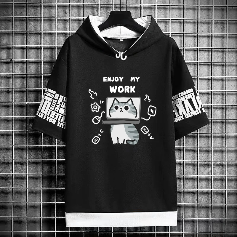 Harajuku Men's T-Shirt Hoodie Women Cartoon Cat Print Graphics T-Shirt Streetwear Funny Shirt Korean Fashion Short Sleeve Tops