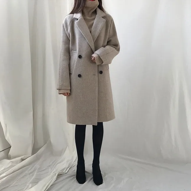 

Women's Slim Fit Woolen Coat Spring Autumn Winter Korean Sle Medium Length Double Breasted Button Pure Color Commute Faion