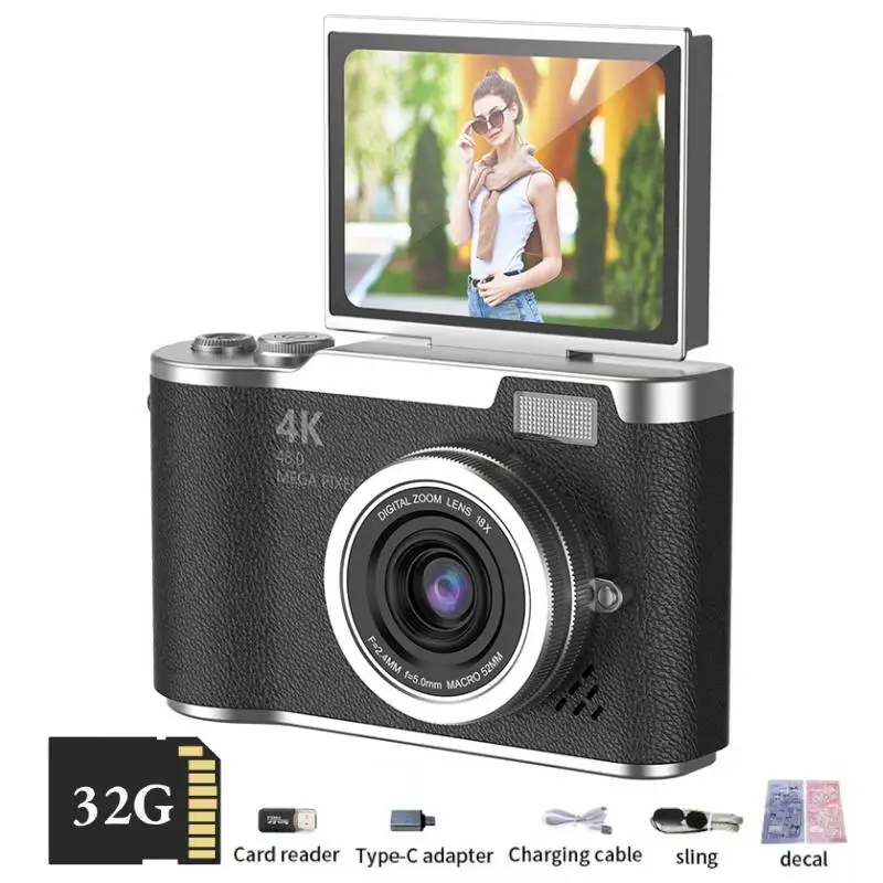 4K Digitale Camera Beautyfilters 48MP HD Studenten CCD Camera CMOS Anti-tril 180 °   Flip Screen Selfie Camera voor kinderen en volwassenen cadeau