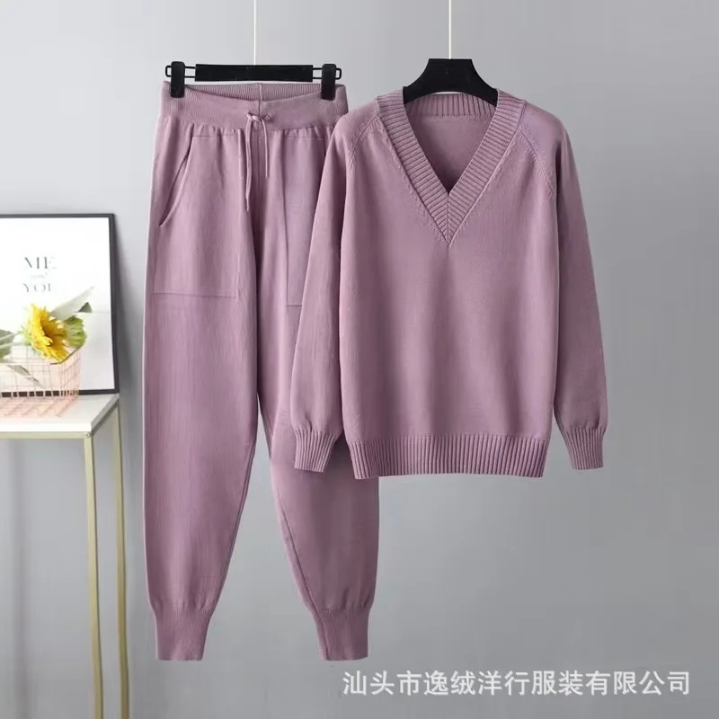 2026 Herbst Winter Damen V-Ausschnitt Strick-Zweiteiler Weicher Pullover Hochgeschnittene Strickhose Locker Modisch Täglich Streetwear – Detail 15