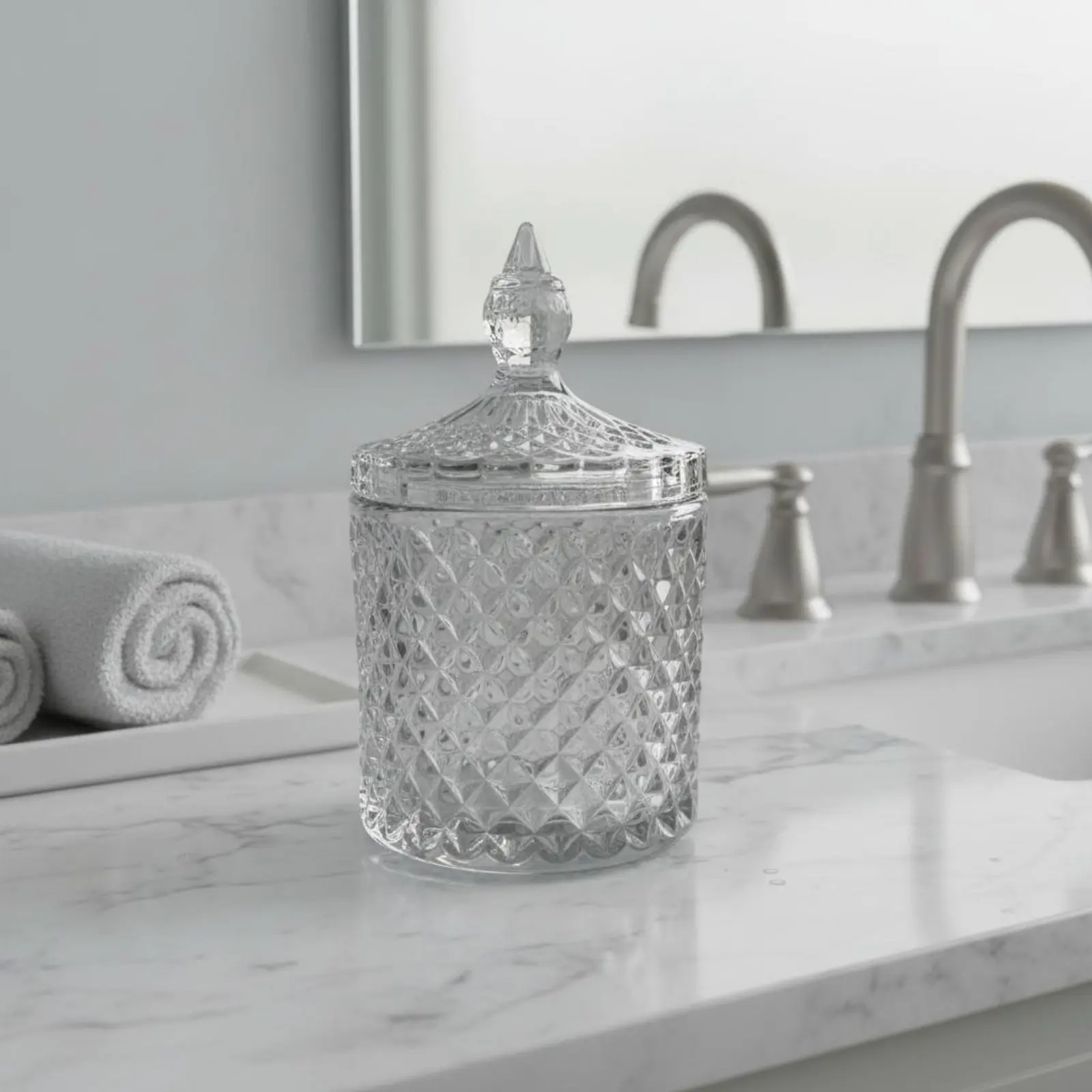 

Faceted Pattern Candy Jar With Lid Vintage Design Sweetener Bowl Decorative Glass Jar Gold Detail for Kitchen Counter