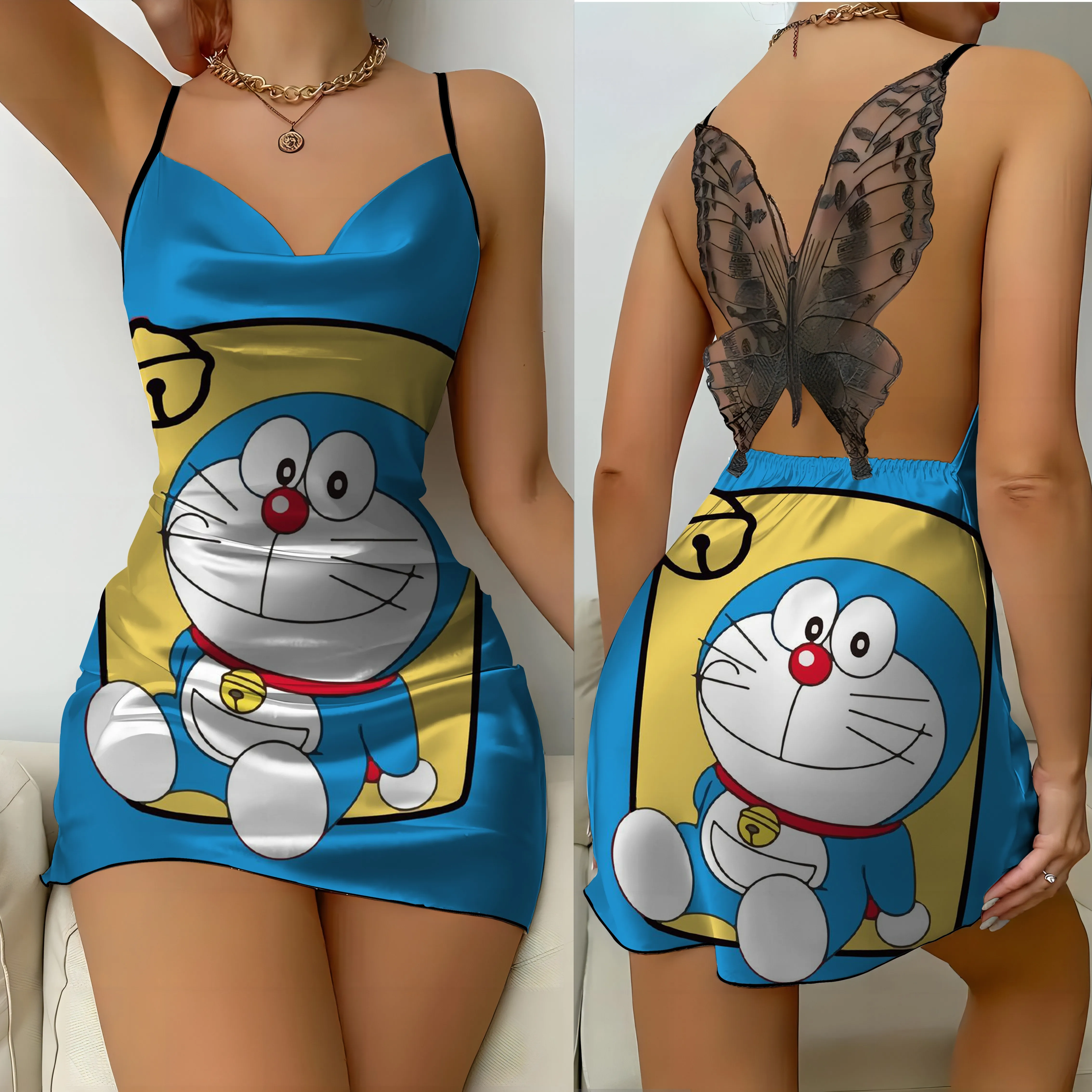 Sexy Dresses Bow Knot Backless Dress Doraemon Pajama Skirt Satin Surface Womens Fashion Summer 2024 Party Mini Lace Slip Dress