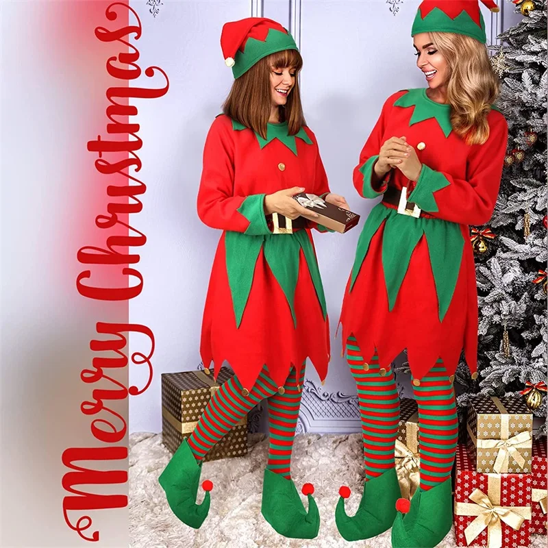 Christmas Elf Costumes Long Sleeve Dress and Belt Hat Shoes for Women Girl Party Role-Playing Cosplay