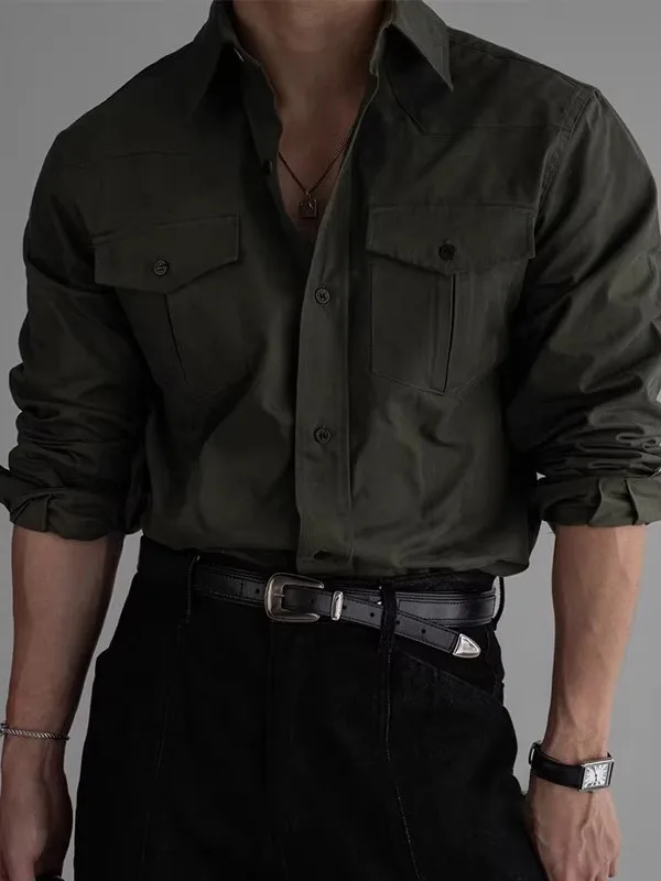 

Рабочая рубашка в американском стиле с двумя карманами для мужчин, весенне-осенняя, свободного кроя, повседневная, стильная верхняя одежда из полиэфирного волокна