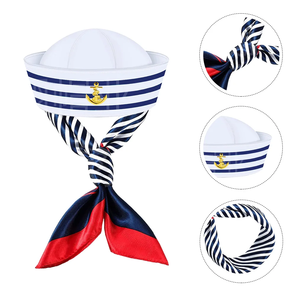 Set di sciarpe per cappelli da capitano a strisce bianche blu Circonferenza di 58 cm Cappelli da marinaio Vestito da donna Accessori per feste in costume Tema della nave