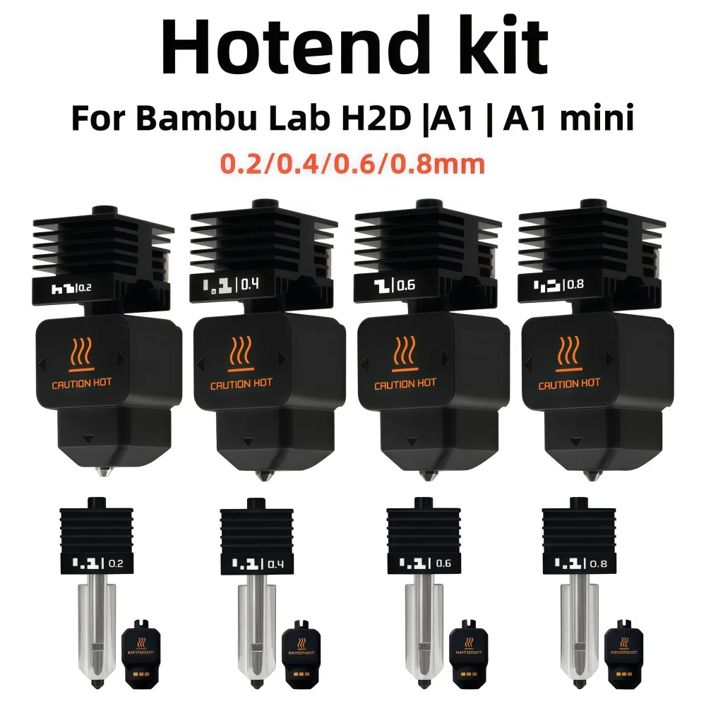 For Bambu H2D/A1/A1mini Hotend Kit ,0.2/0.4/0.6/0.8mm Hardened steel Nozzle Replace Hotend Kit